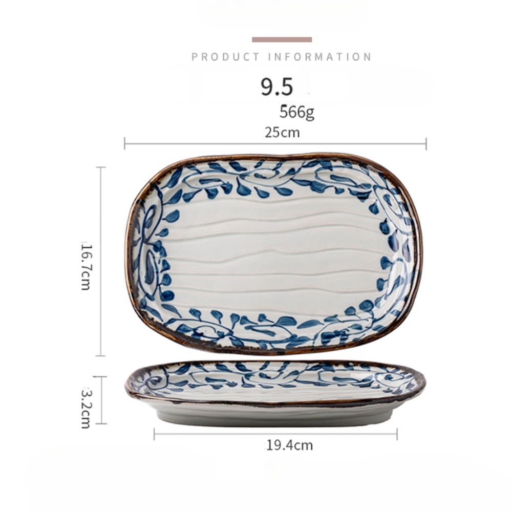 Japanese Irregular Sushi Plate 9.5" - Blue Hook Vine Ceramic