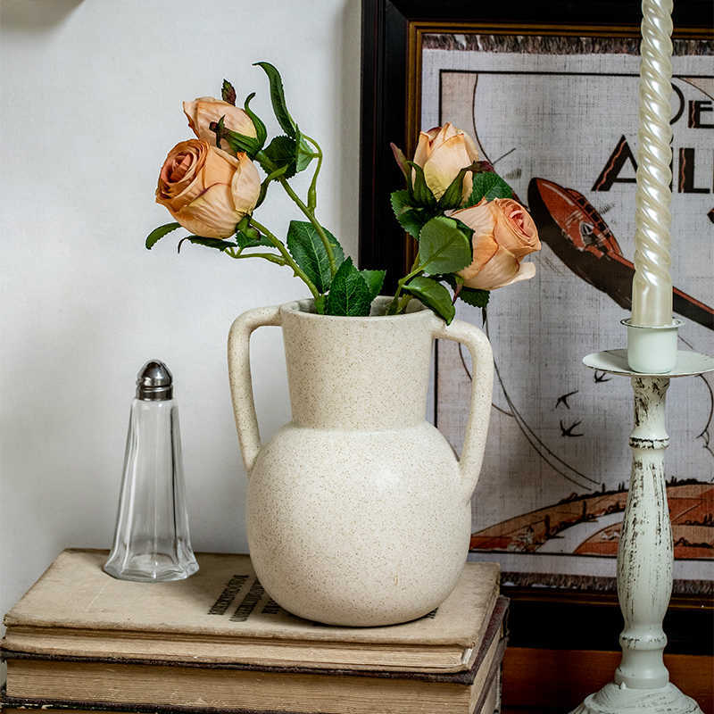 Retro Beige Ceramic Binaural Vase Decorative Ornament