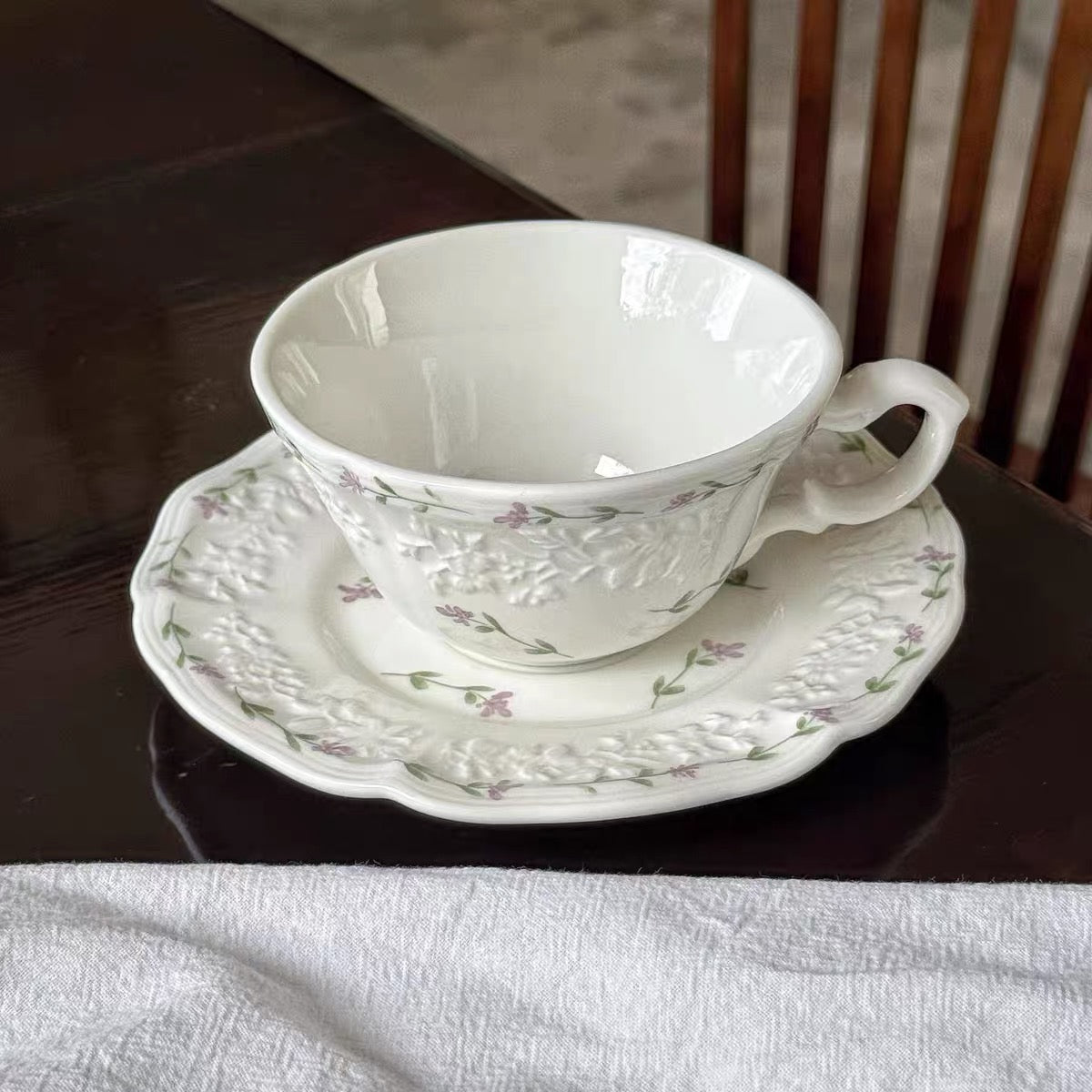 Vintage Floral Embossed Teacup & Saucer Set