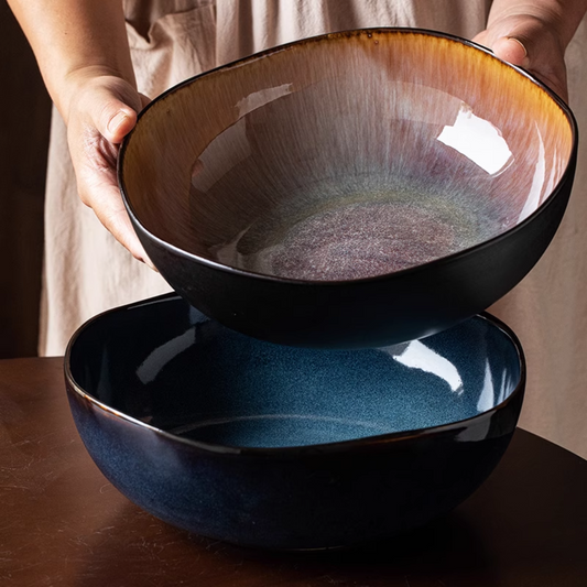 Retro Ceramic Soup Bowl 11" - Kiln-Changed Lotus Leaf