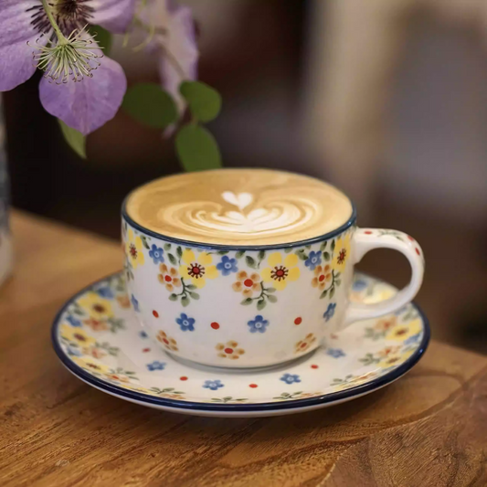 Flowers & Trees Ceramic Coffee Cup & Saucer - Underglaze