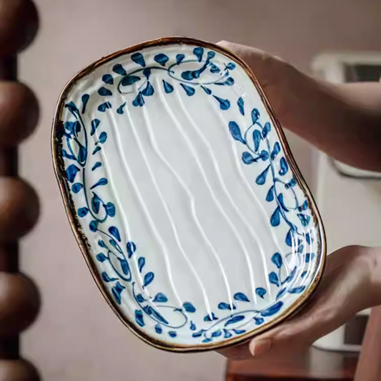 Japanese Irregular Sushi Plate 9.5" - Blue Hook Vine Ceramic