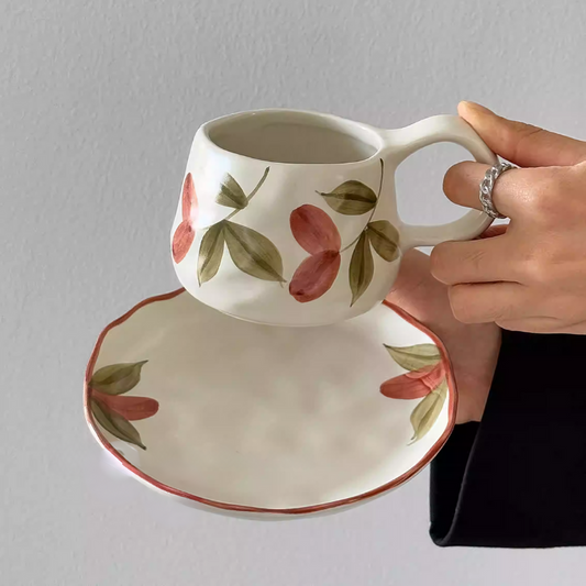 Medieval Fruit Coffee Cup & Saucer - Hand-Painted Gift Set