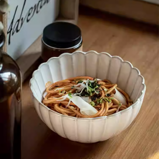 Retro Ceramic Noodle Bowl 6" - Petal Embossed Soup Bowl
