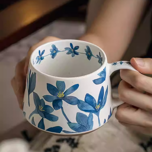 Mist Blue Flower Niche Design Ceramic Coffee Mug - Retro