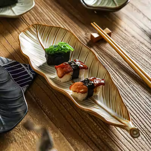 Japanese Leaf Ceramic Sushi Plate - 14" Retro Dessert Dish