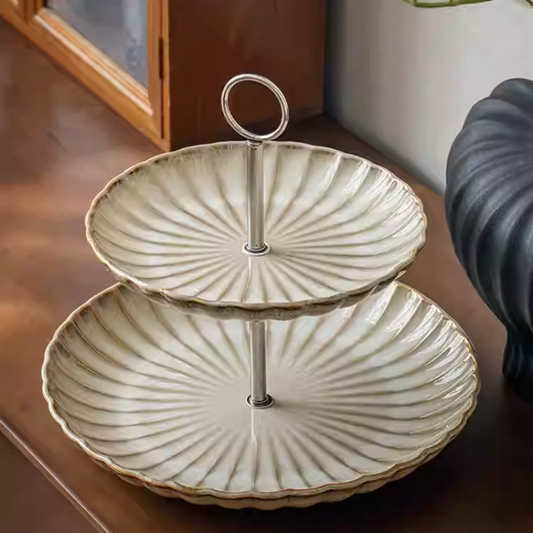 Lace Double Layer Ceramic Fruit Plate Dessert Stand Tray