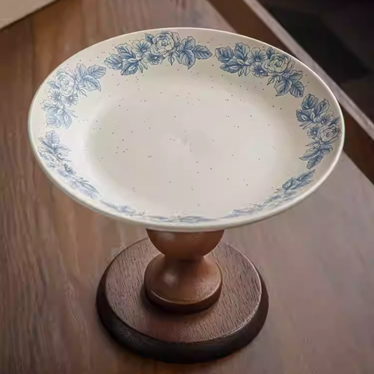 Medieval Blue and White Wooden Fruit Plate Ceramic High-Footed Plate Pastry Tray