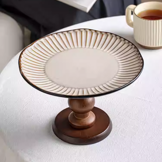 8.5-inch Wooden High-Foot Tray Home Retro Ceramic Pastry Ornaments