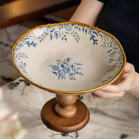 Light Luxury Retro Fruit Plate - High-Footed Ceramic & Wood