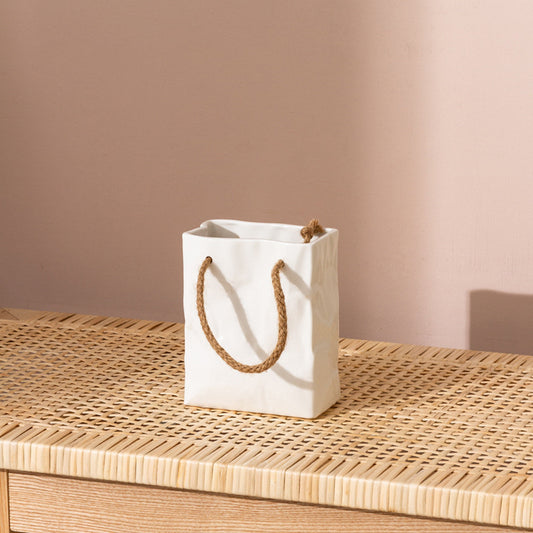 Square White Ceramic Hemp Rope Handbag Vase