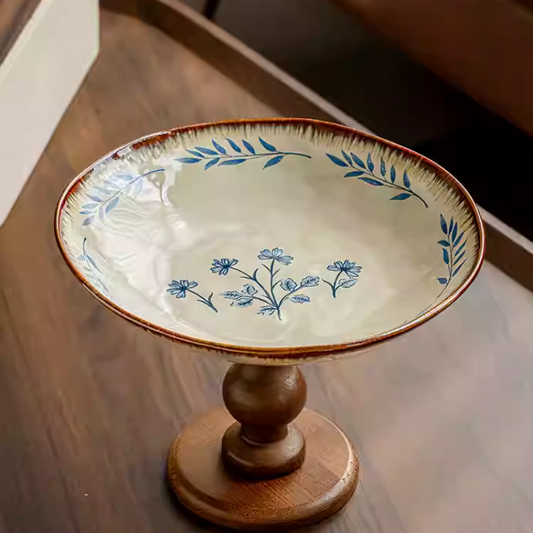 Wooden high-foot plate fruit plate snack plate living room ceramic fruit plate tray